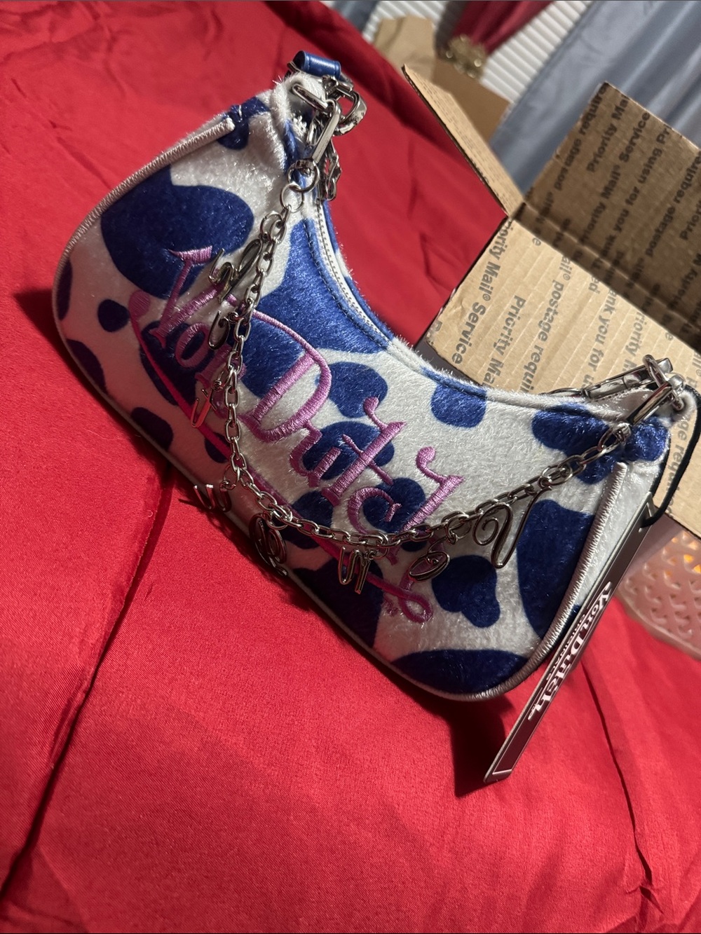 Vondutch Blue & White Cow Print Mini Shoulder Bag